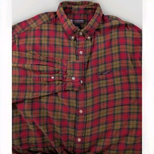 Vintage Polo Jeans Co Flannel Shirt Men's L Brown Red Plaid Button Down